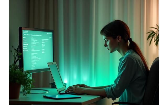 Person looking relaxed at a computer, surrounded by a subtle green aura, representing digital mindfulness.