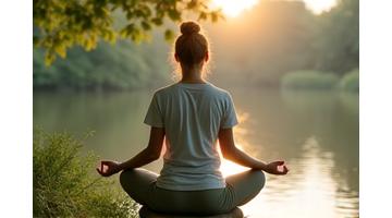 Woman practicing yoga outdoors at sunrise