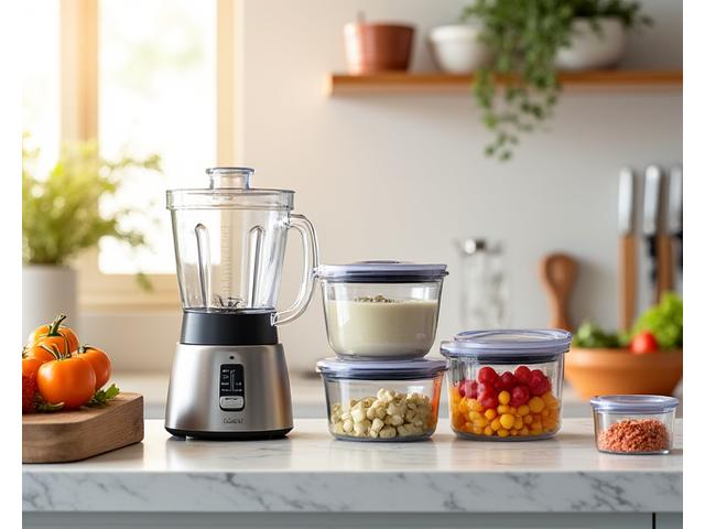 Modern kitchen counter with high-quality blender, food processor, and various meal prep containers